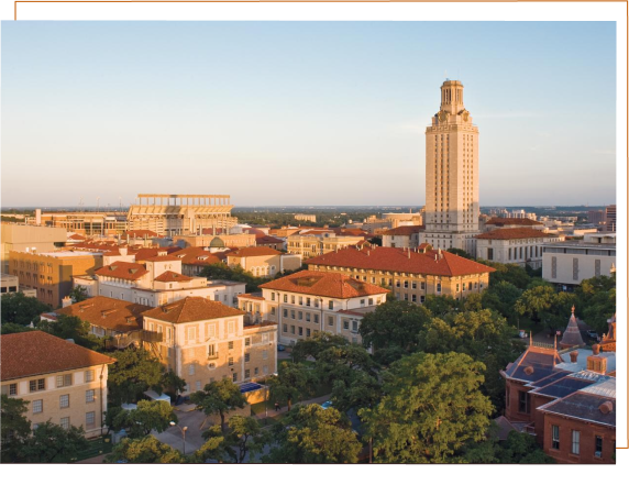 Sun setting over the UT Tower and the orange tile roofs of the UT campus